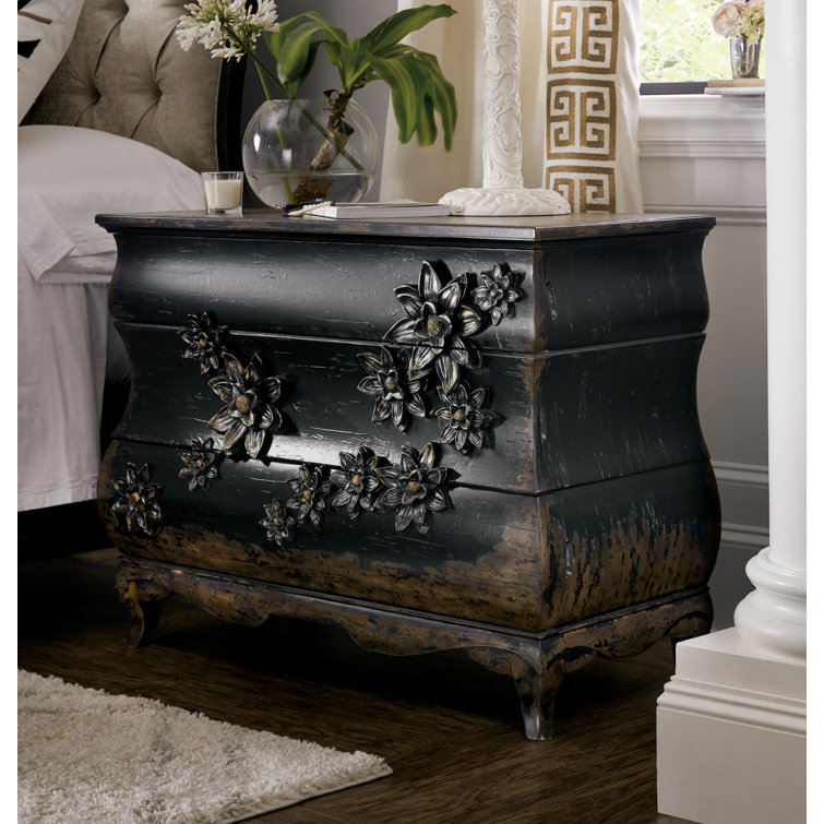 Black Distressed Three-Drawer Chest with Floral Accents