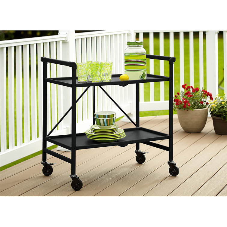 Black Steel 2-Shelf Rolling Serving Cart with Locking Wheels