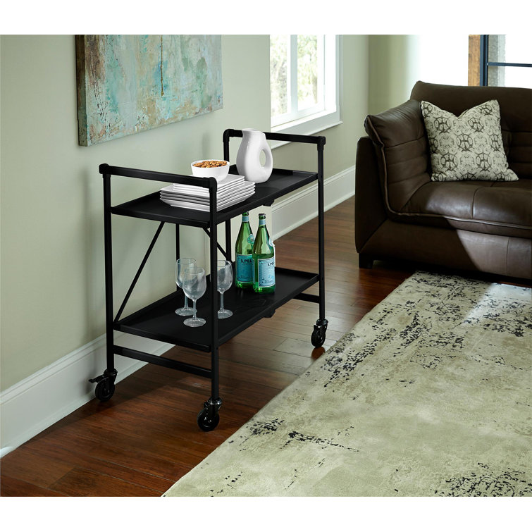 Black Steel 2-Shelf Rolling Serving Cart with Locking Wheels