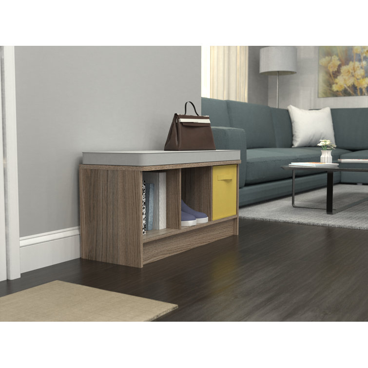 Natural Gray Composite Storage Bench with Cushioned Seat and Cubbies