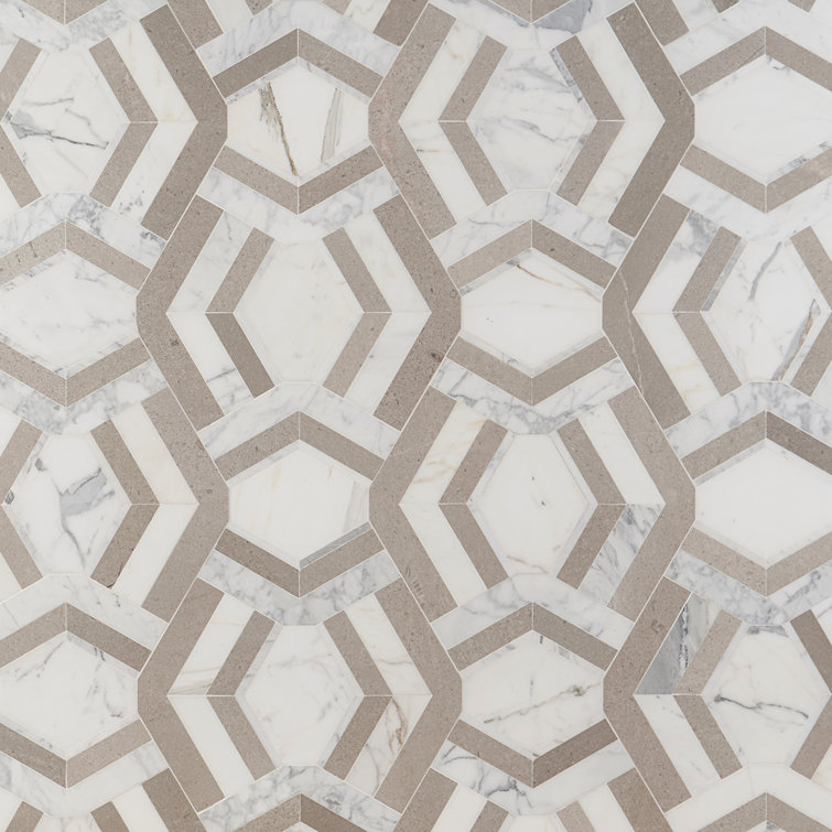 Cream and Gray Polished Marble Geometric Mosaic Tile
