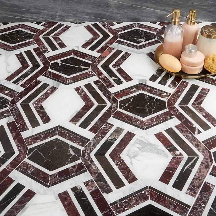 Bordeaux and Maroon Geometric Marble Mosaic Tile 11x18
