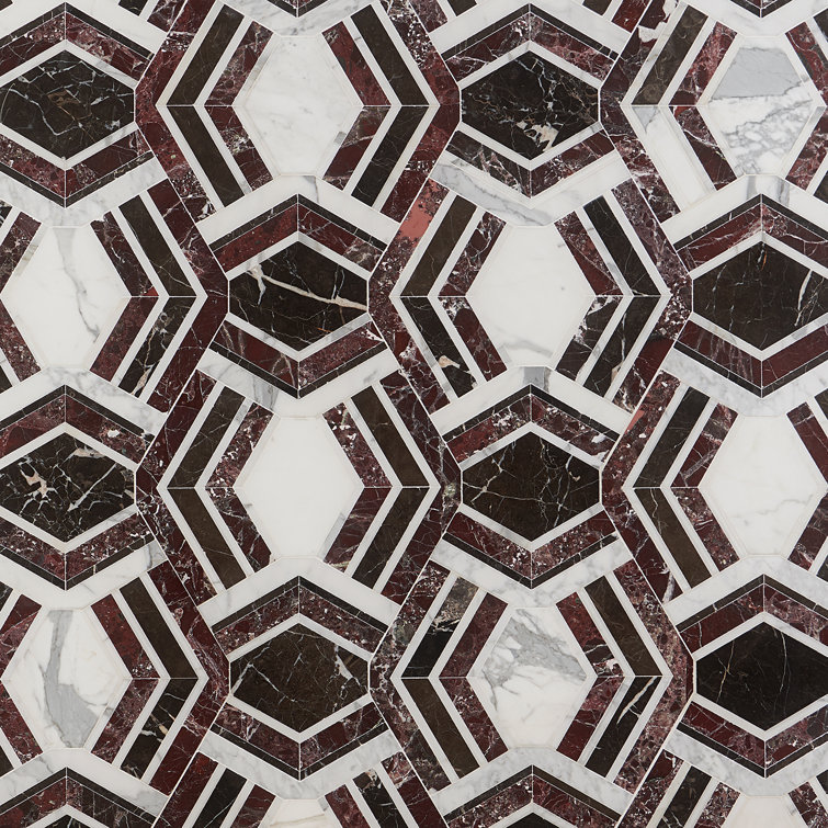 Bordeaux and Maroon Geometric Marble Mosaic Tile 11x18