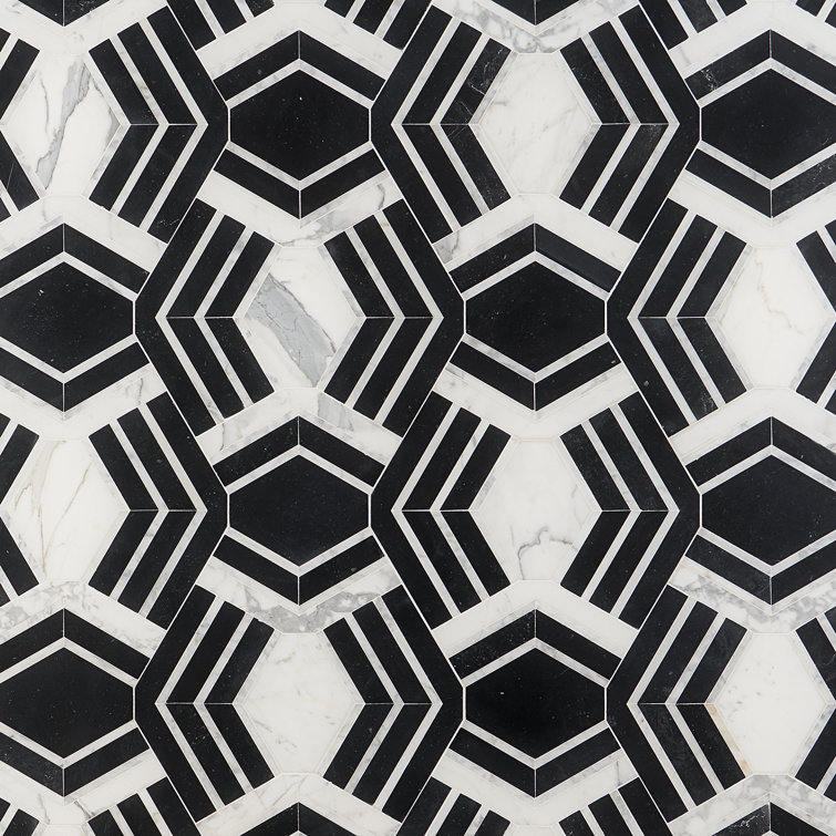 Black and White Geometric Marble Mosaic Tile for Indoor/Outdoor Use