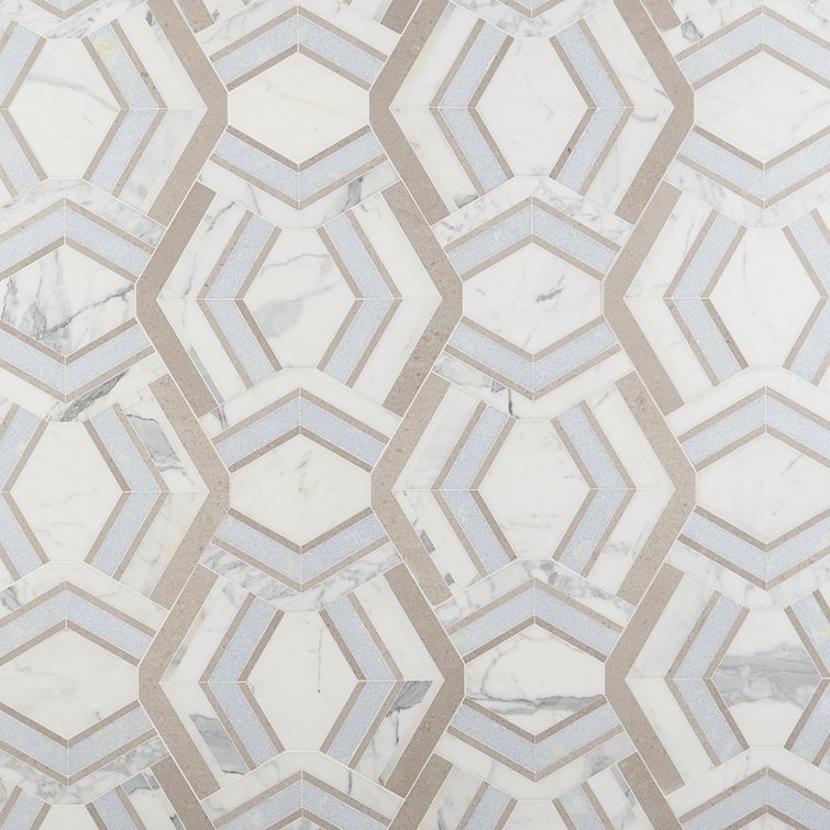 Cream and Blue Geometric Polished Marble Mosaic Tile 11x18