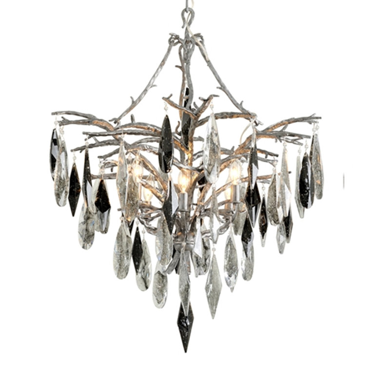 Elegant Blackened Silver Leaf 6-Light Crystal Chandelier with Smoke Glass Shades