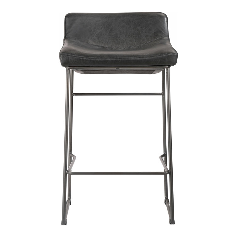 Black Genuine Leather and Iron Saddle Counter Stools, Set of 2
