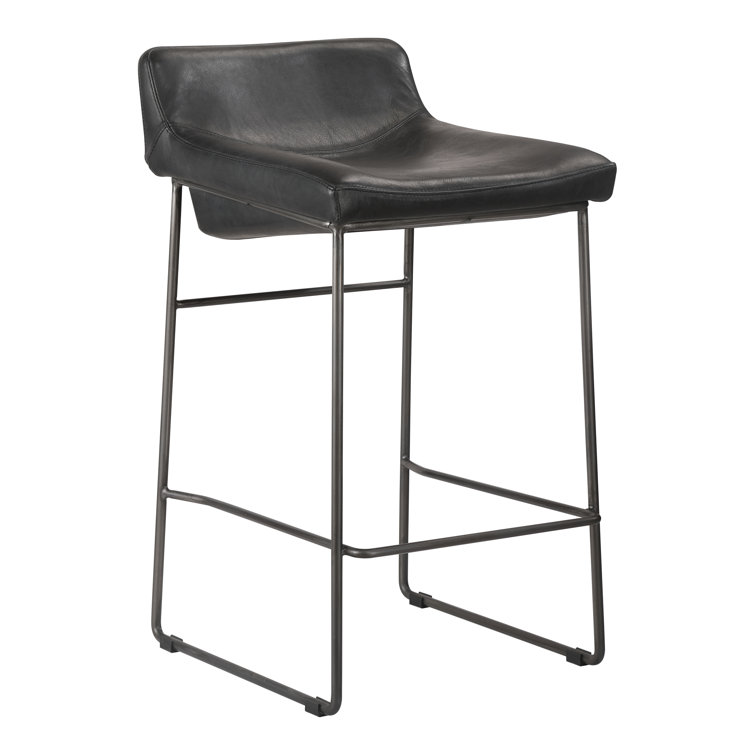 Black Genuine Leather and Iron Saddle Counter Stools, Set of 2