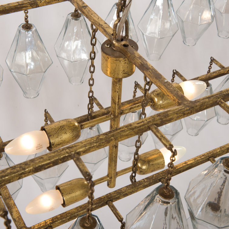 Gold Leaf Metal and Glass 8-Light Tiered Chandelier