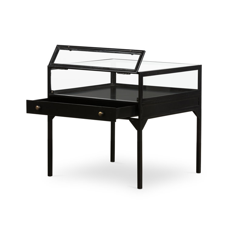 Black Metal and Glass Square End Table with Storage