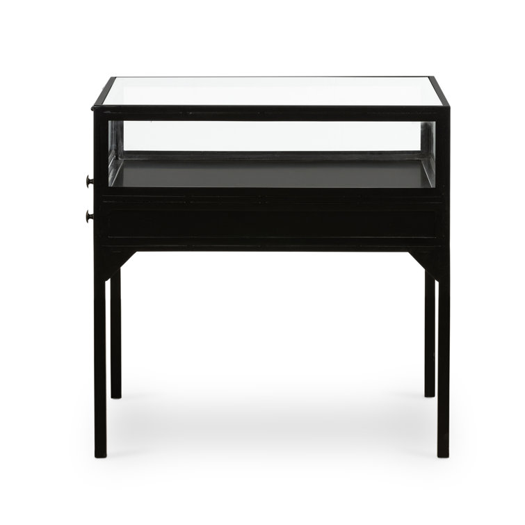 Black Metal and Glass Square End Table with Storage