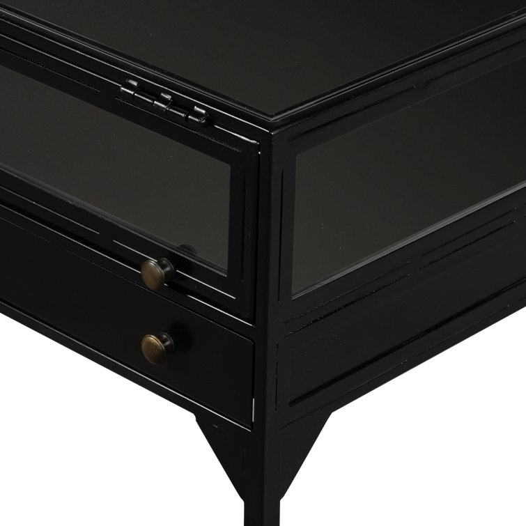 Black Metal and Glass Square End Table with Storage