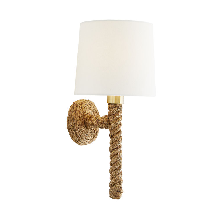 Douglas 19" Coastal Brass & Jute Wall Sconce with Off-White Linen Shade