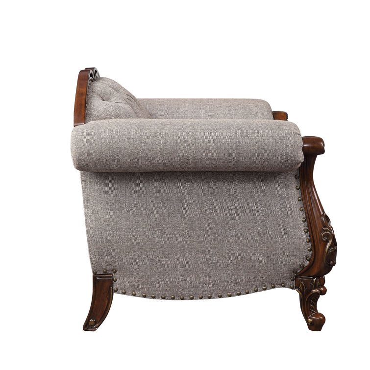 Cherry Finish 90'' Tufted Fabric Sofa with Nailhead Detail