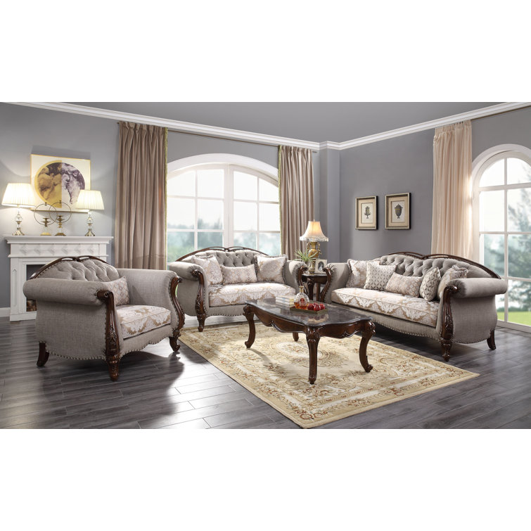 Cherry Finish 90'' Tufted Fabric Sofa with Nailhead Detail