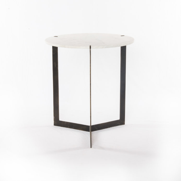 Contemporary Black and White Round Stone and Metal End Table