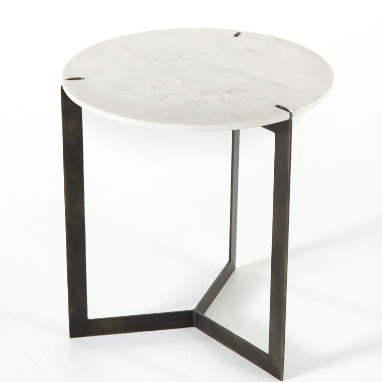 Contemporary Black and White Round Stone and Metal End Table