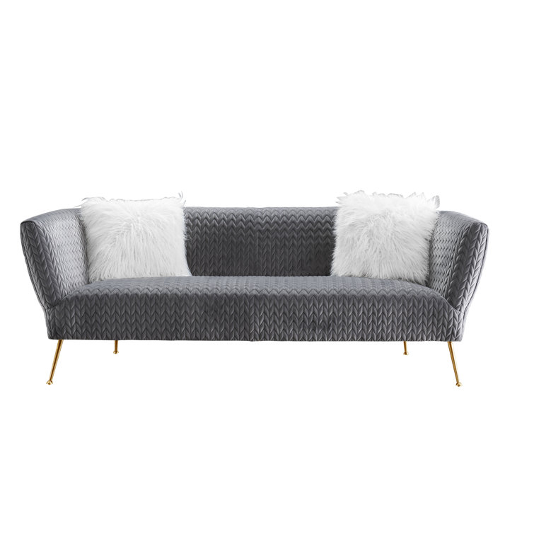 Luxurious Gray Velvet Tuxedo Arm Sofa with Shiny Gold Metal Legs
