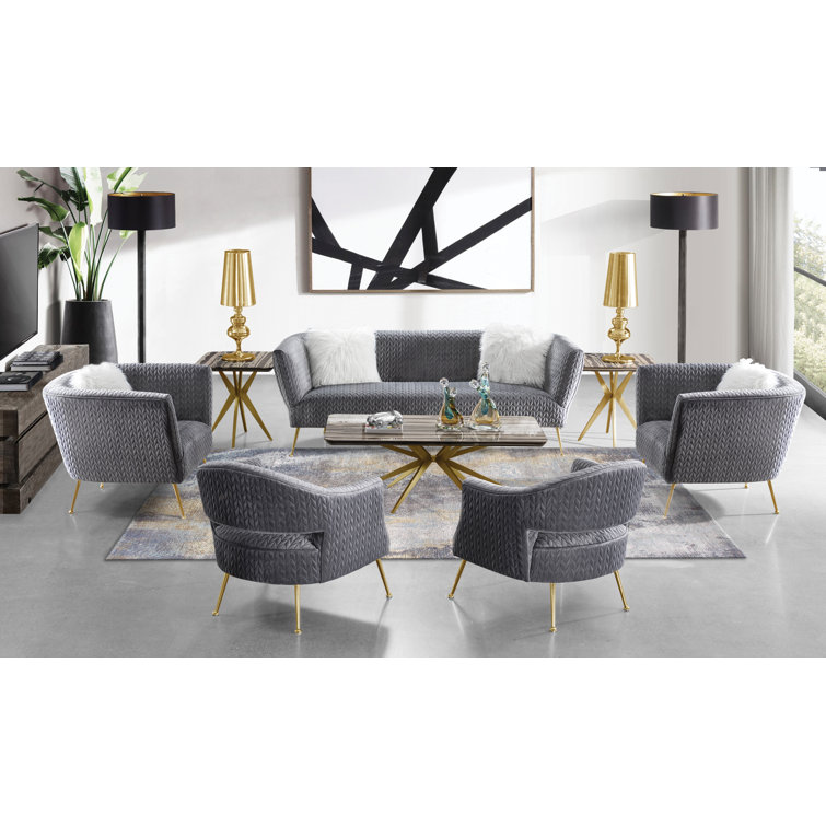 Luxurious Gray Velvet Tuxedo Arm Sofa with Shiny Gold Metal Legs