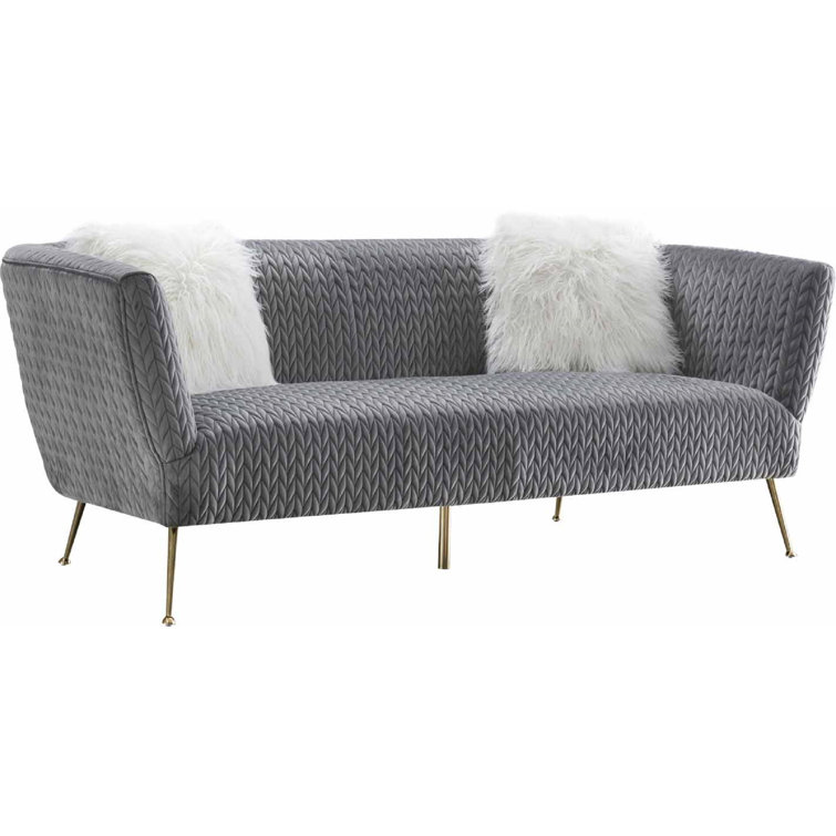 Luxurious Gray Velvet Tuxedo Arm Sofa with Shiny Gold Metal Legs
