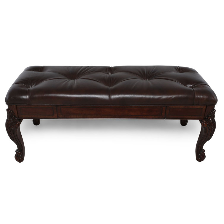 Traditional Pomegranate Cherry Leather Storage Bench with Carved Legs