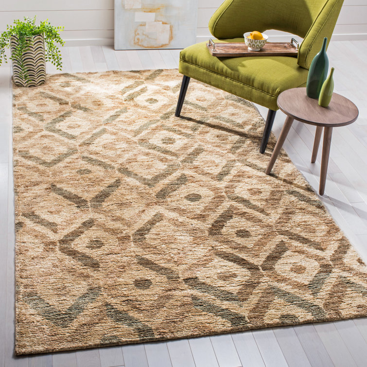 Hand-Knotted Beige and Brown Geometric Wool Rug, 4' x 6'