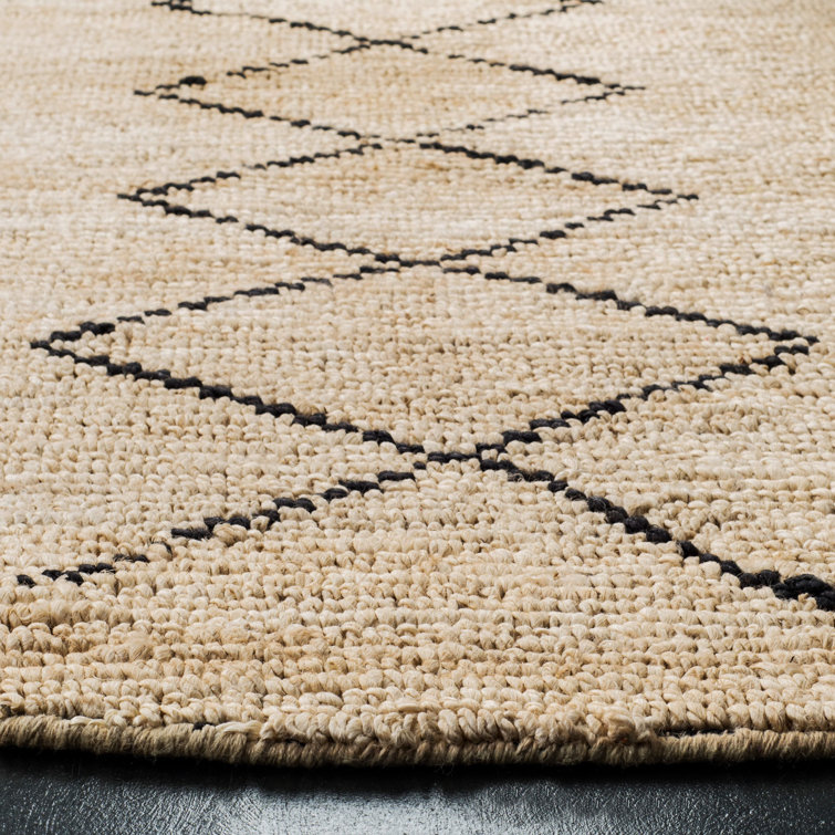 Hand-Knotted Black and Ivory Wool Round Geometric Rug