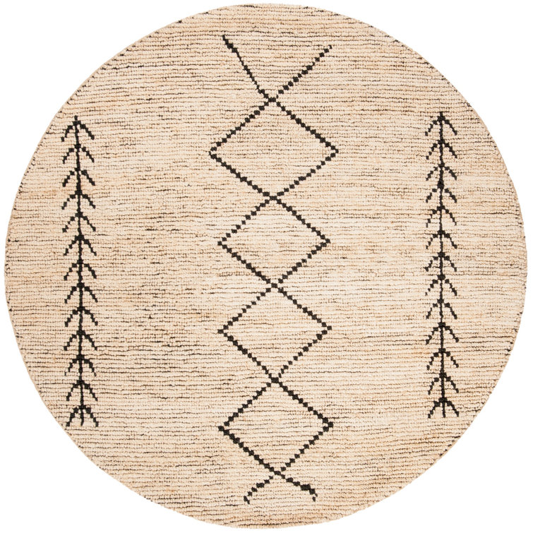 Hand-Knotted Black and Ivory Wool Round Geometric Rug