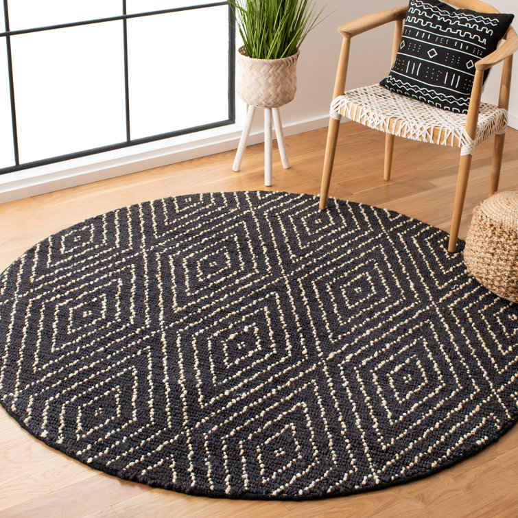 Hand-Knotted Black and Ivory Wool Area Rug