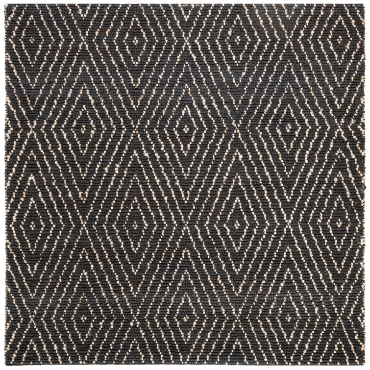 Black and Ivory Hand-Knotted Wool Geometric Square Rug