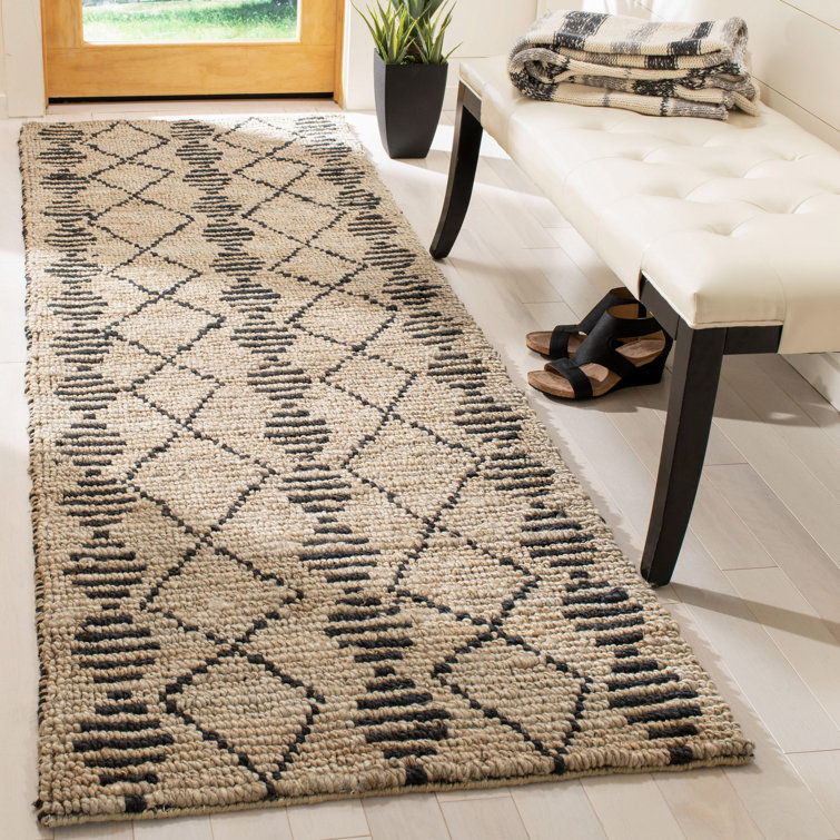 Hand-Knotted Beige and Black Wool Geometric Area Rug