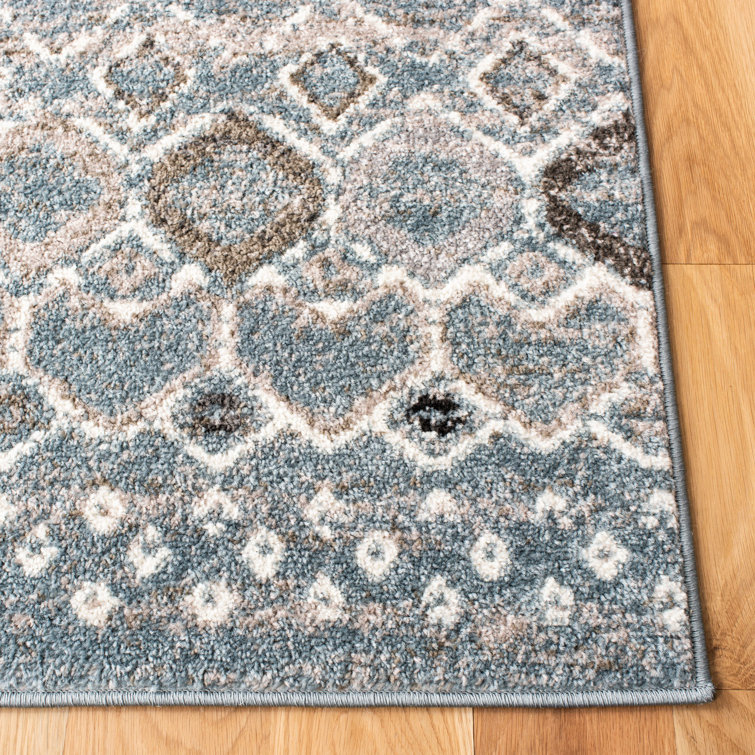 Blue and Ivory Geometric Square Synthetic Area Rug