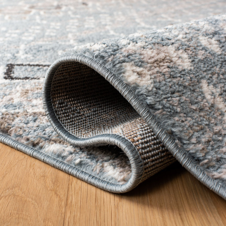 Blue and Ivory Geometric Square Synthetic Area Rug
