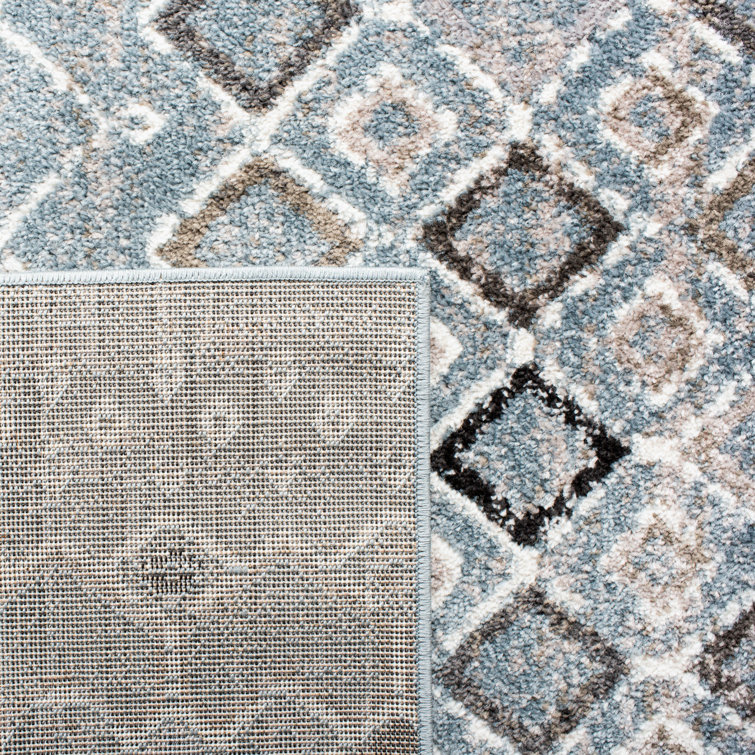 Blue and Ivory Geometric Square Synthetic Area Rug
