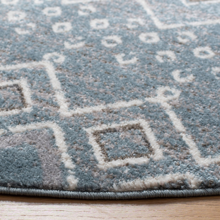 Blue and Ivory Geometric Square Synthetic Area Rug