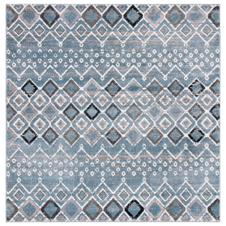 Blue and Ivory Geometric Square Synthetic Area Rug
