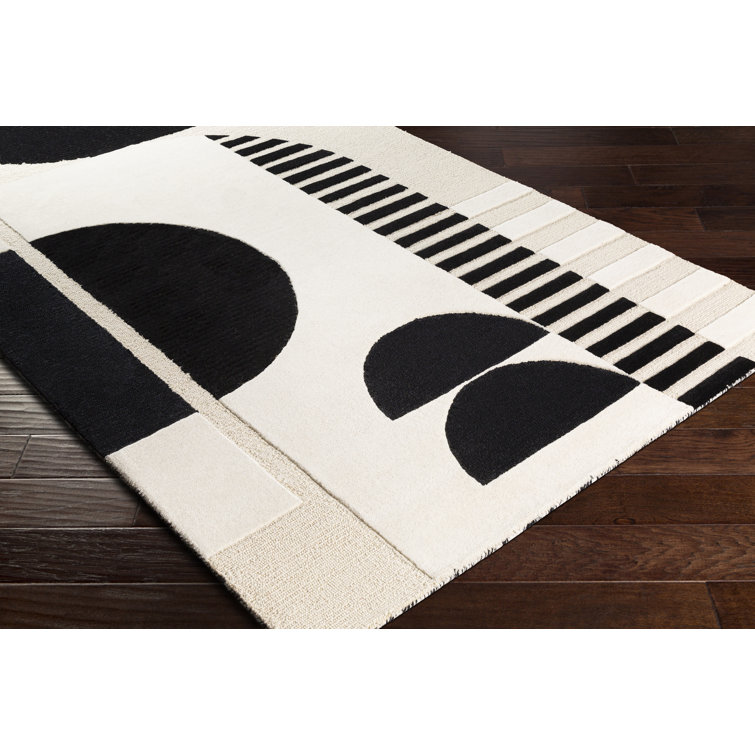 Mid-Century Modern Black and Cream Hand-Tufted Wool Area Rug 8'10"x12'