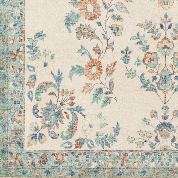 Blue and Cream Floral Synthetic Runner Rug