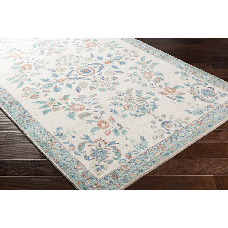 Blue and Cream Floral Synthetic Stain-Resistant Area Rug