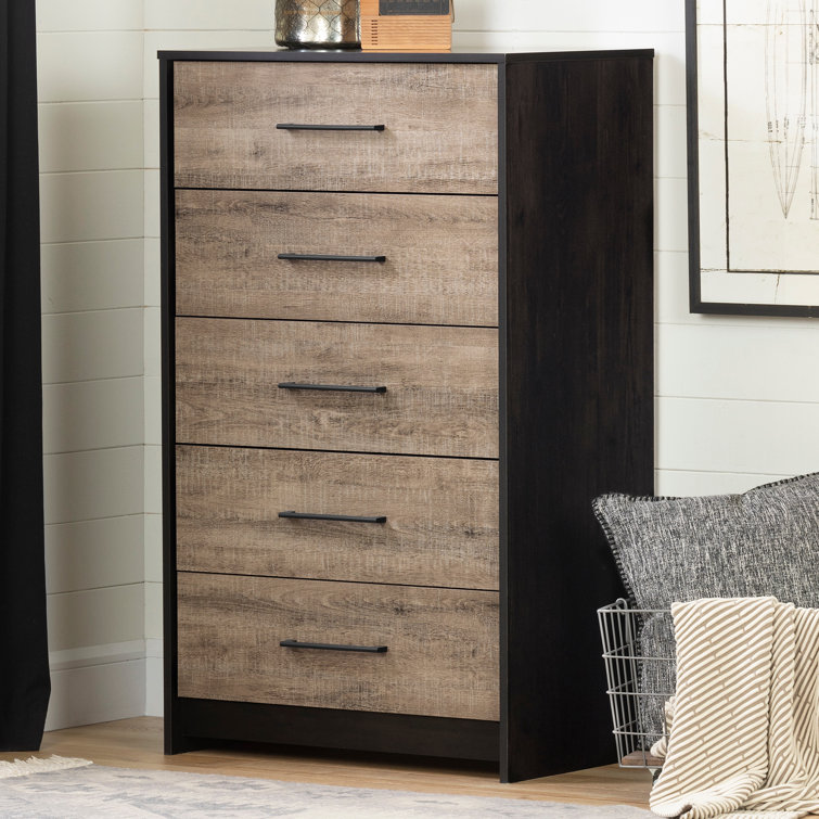 Weathered Oak and Black Industrial 5-Drawer Vertical Chest
