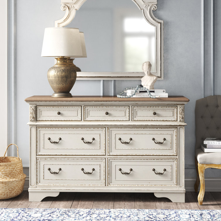 Vintage Charm Brown & Distressed White 7-Drawer Double Dresser