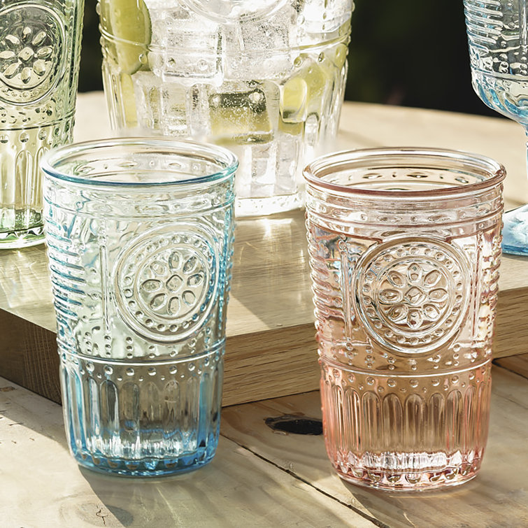 Cotton Candy Pink Floral Etched Glass Tumbler Set, 11.5 oz