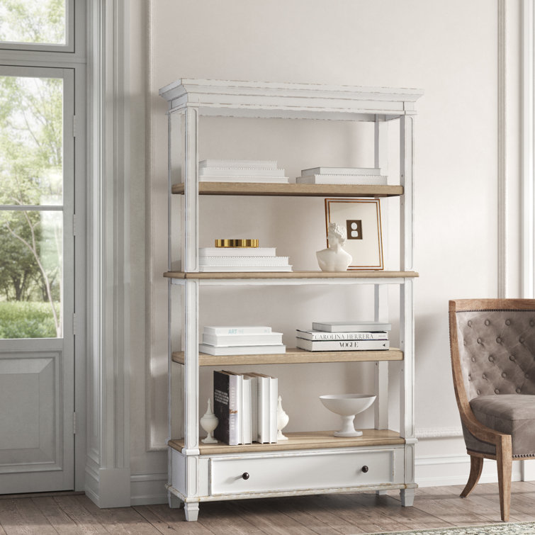 Chipped White & Distressed Wood Rustic Bookcase with Drawer