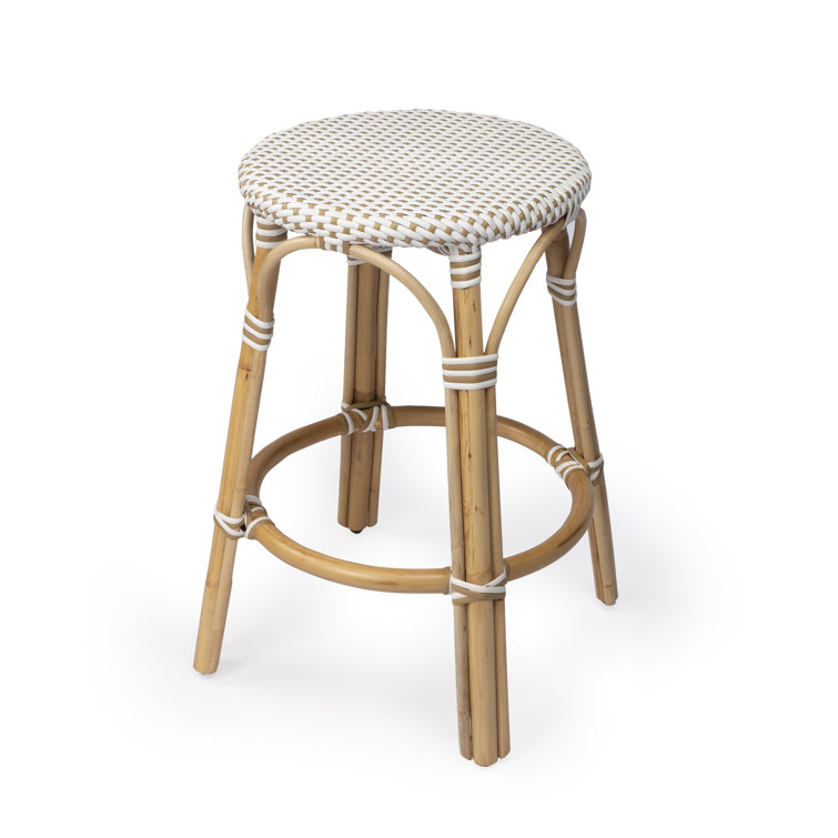 Beige and White Rattan Backless Counter Stool, 24"