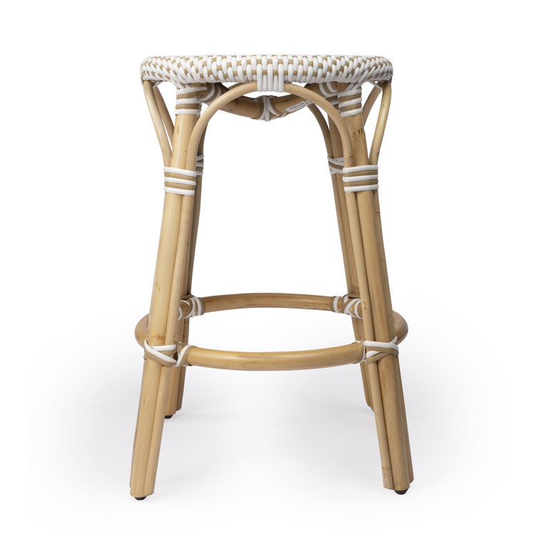 Beige and White Rattan Backless Counter Stool, 24"