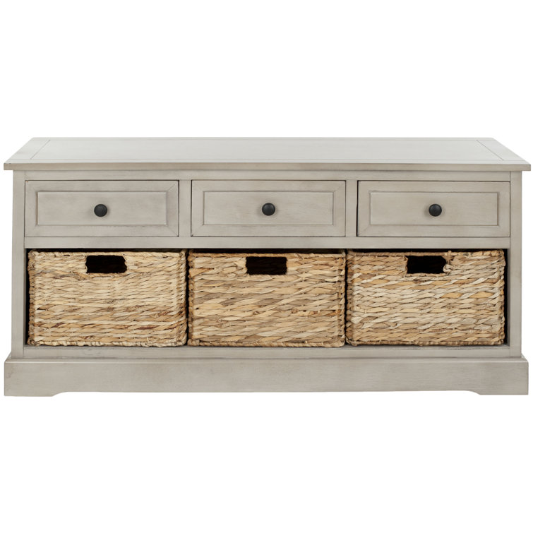 Transitional Gray 42" Solid Wood Storage Bench with Wicker Baskets