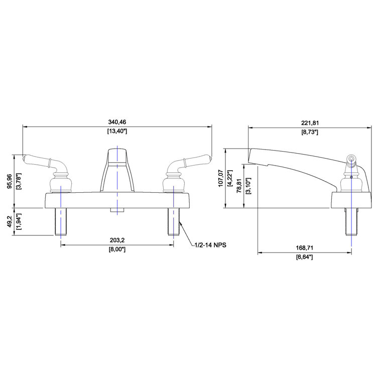 Chrome Finish Two Handle Deck Mount Tub Filler Faucet