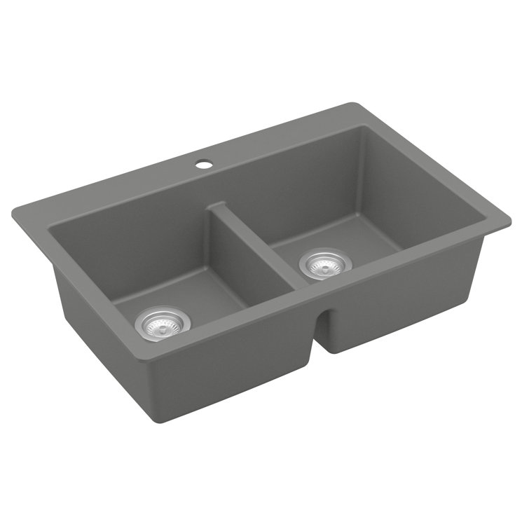 Gray Quartz 33'' Double Bowl Drop-In Kitchen Sink