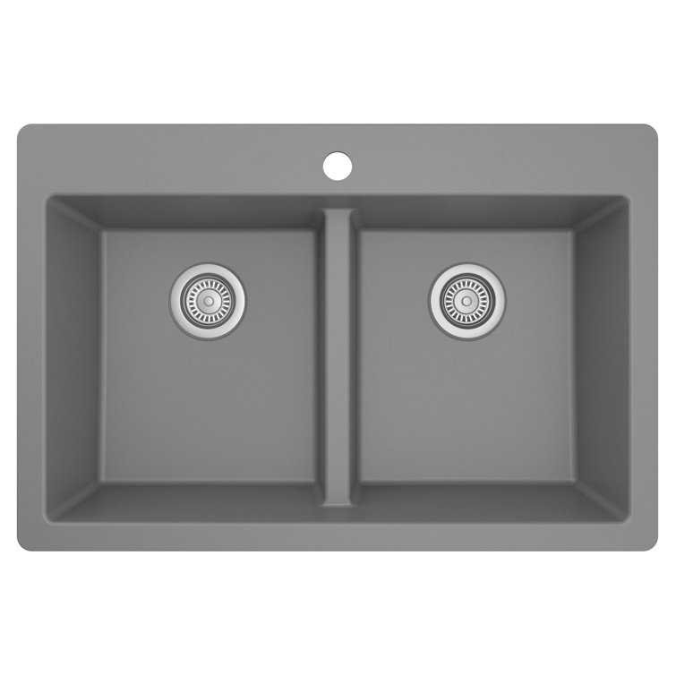 Gray Quartz 33'' Double Bowl Drop-In Kitchen Sink