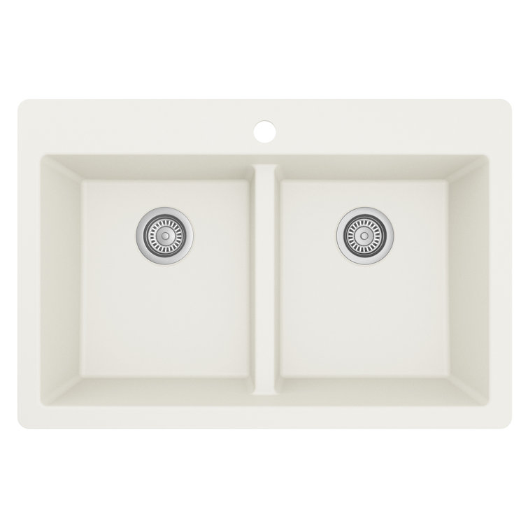 White Quartz 33'' Double Bowl Drop-In Kitchen Sink